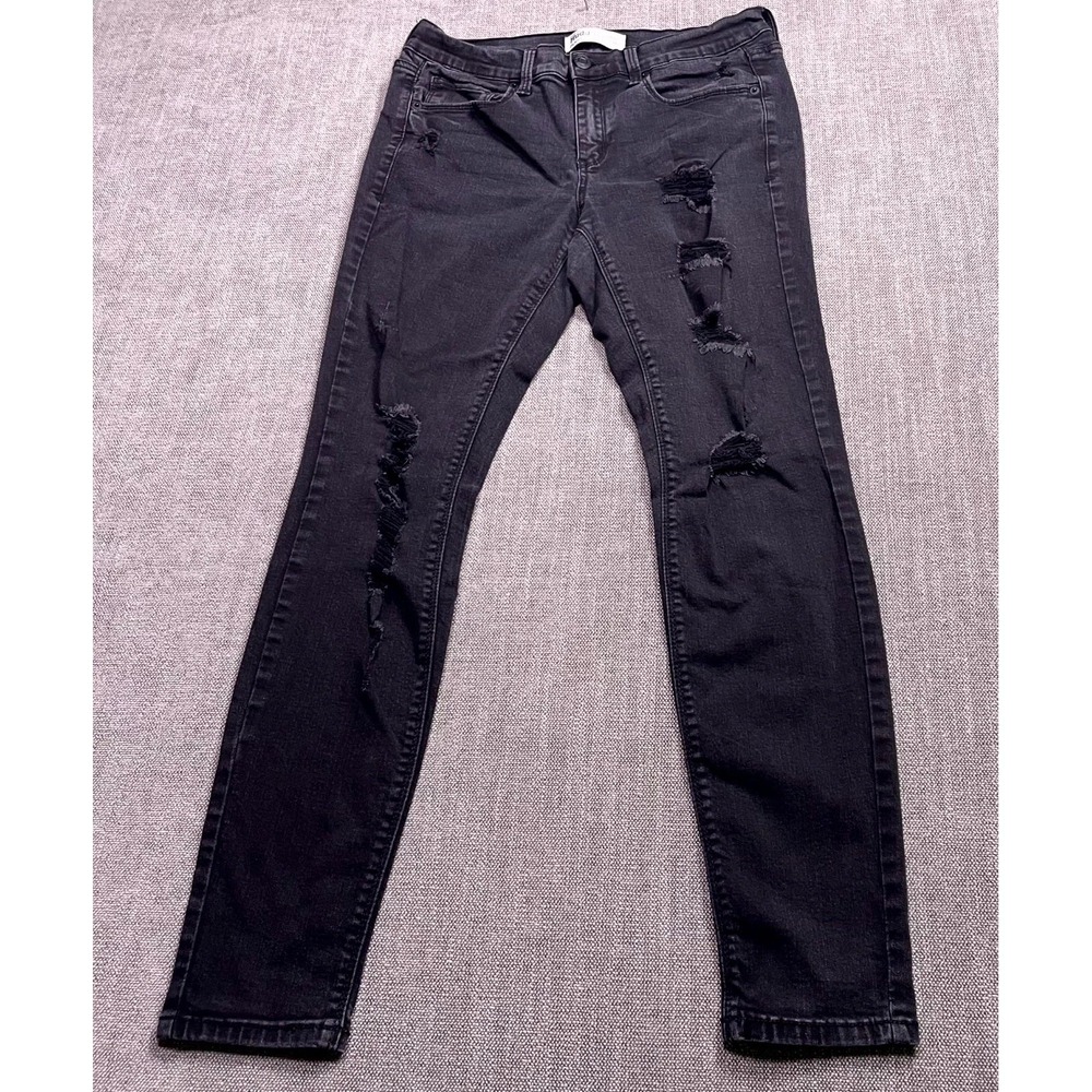 Mudd FLX Stretch Low Rise Skinny Jeans Womens 11 Black Denim Distressed Travel